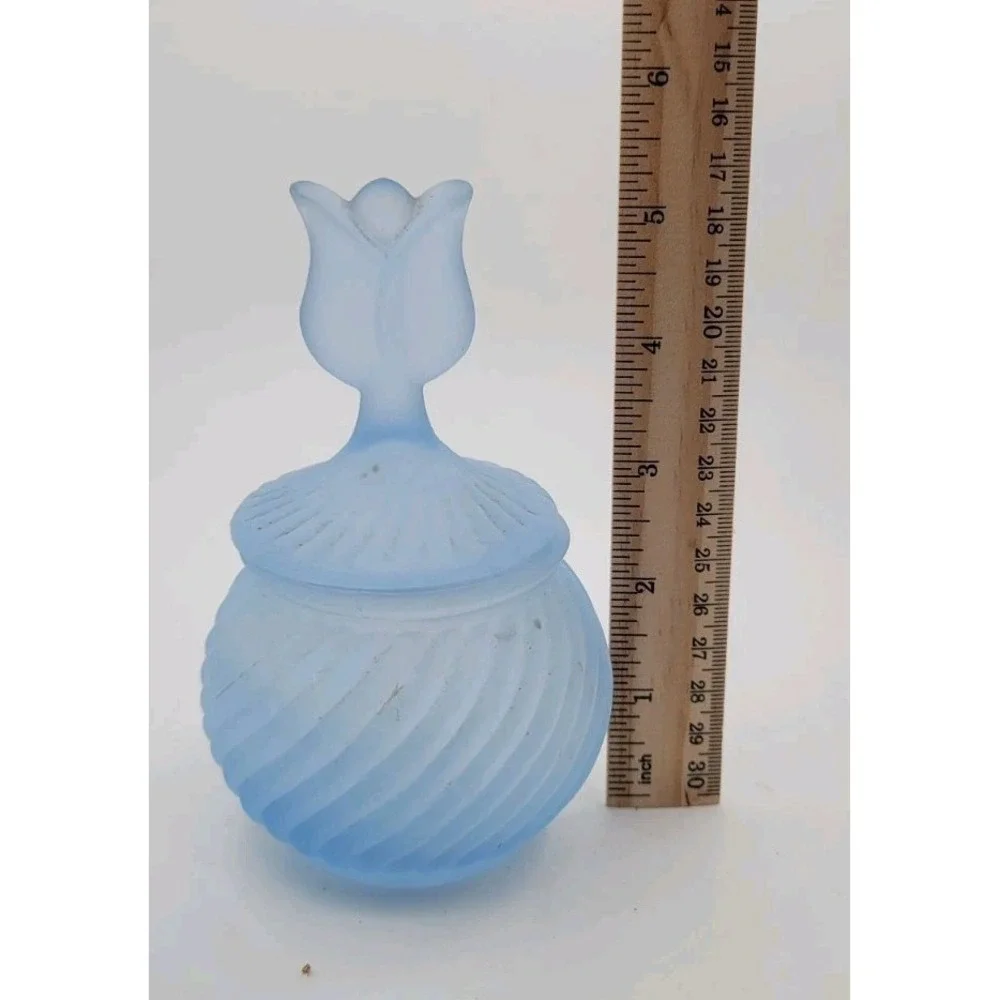 Vintage Blue Party Lite Frosted Glass Trinket Box, Vanity Container w/ Tulip Lid